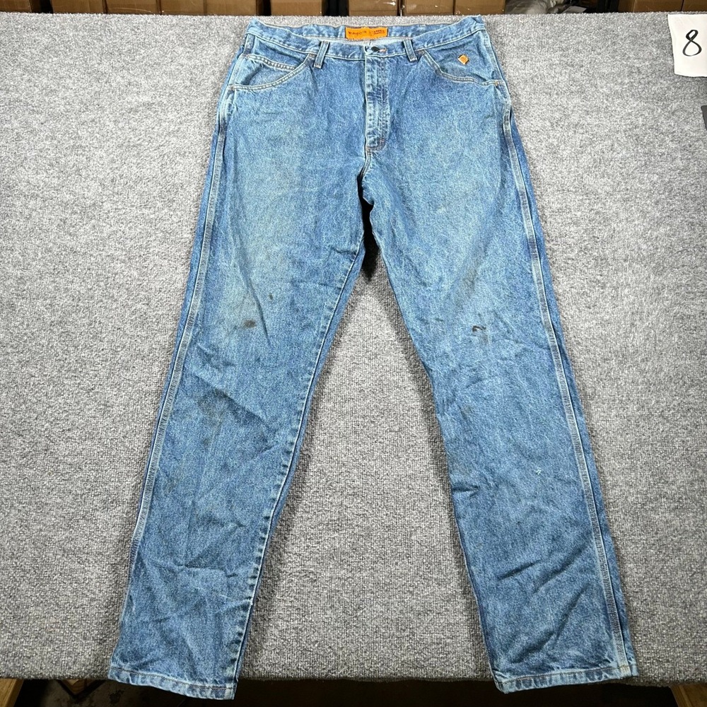 Wrangler Jeans Mens 38x36 Blue Riggs Workwear FR Flame Resistant Stained Tough
